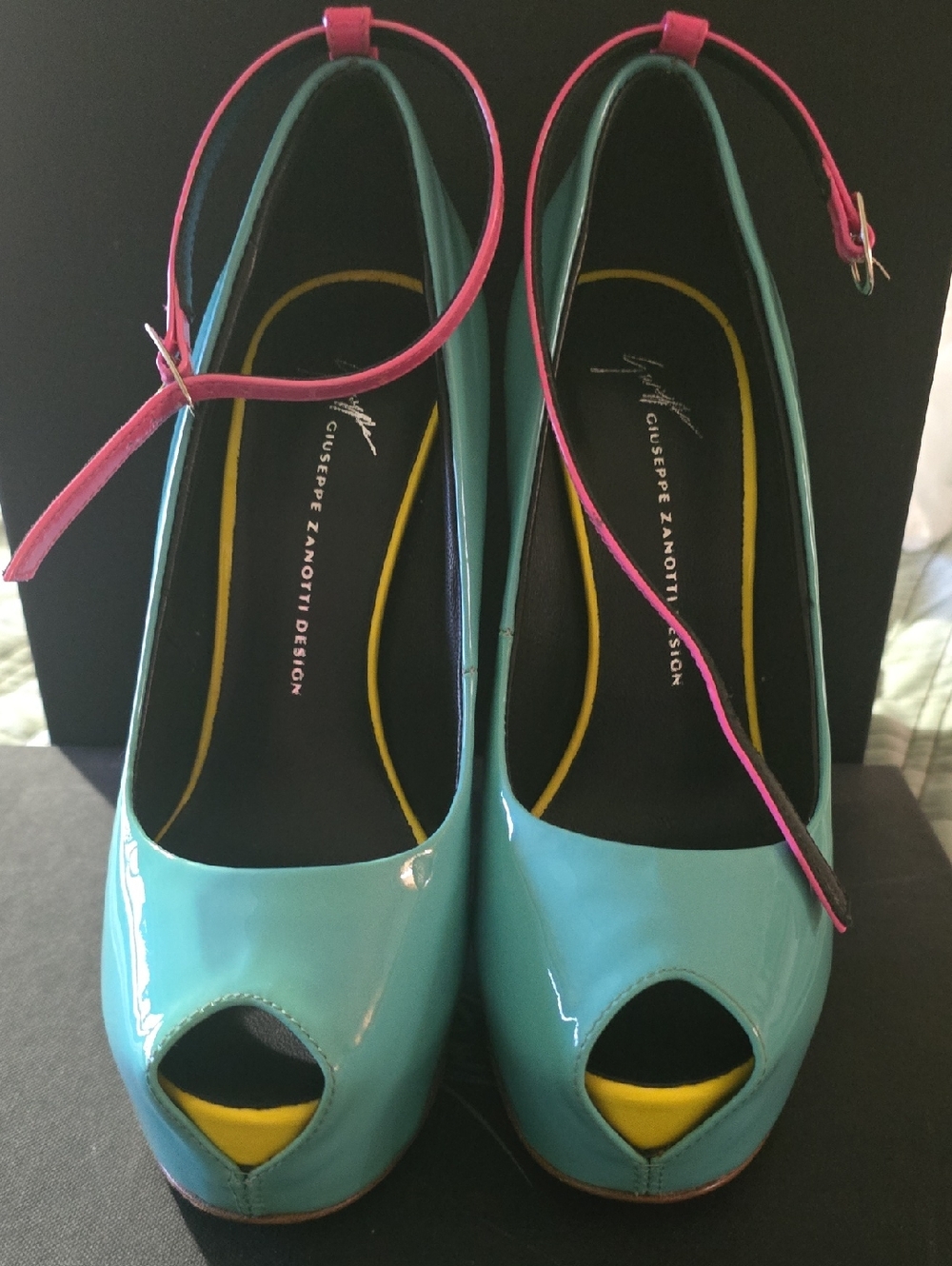 Giuseppe Zanotti Turquoise Patent Peep-Toe Pumps with Pink Ankle Straps